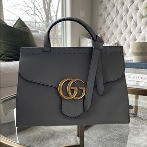 Gucci Calfskin small GG MARMONT top handle bag, Gray with Gold Logo